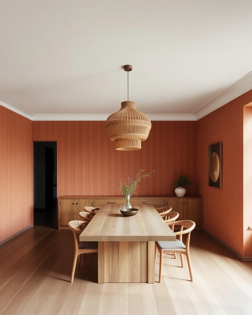 Terracotta dining room with rattan pendant