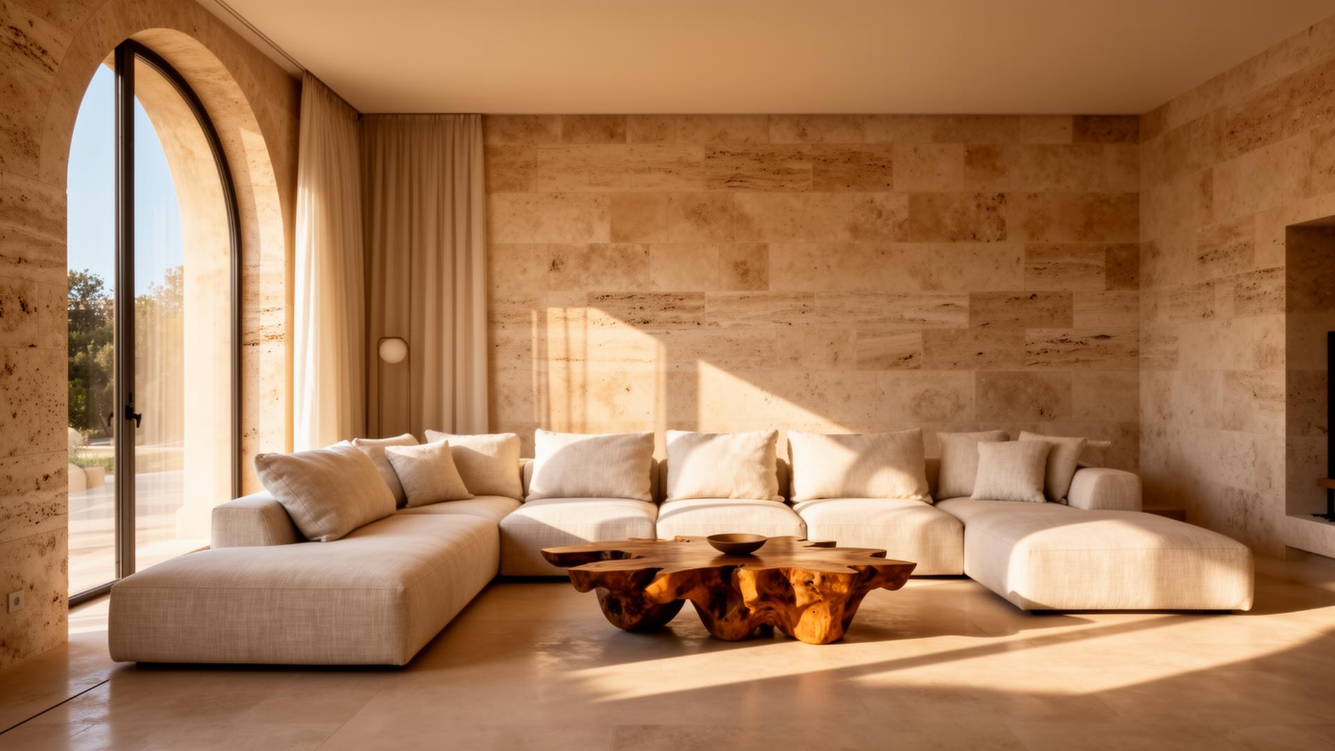 Sun-drenched travertine living room with linen sectional